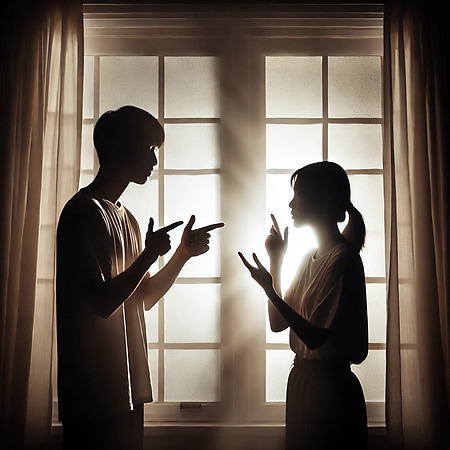 Image of two people using sign language silhouetted against the bright window behind them